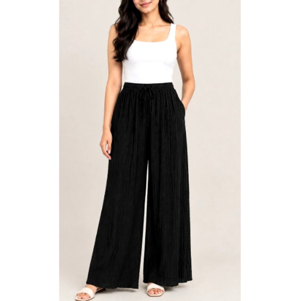 Vici Adjustable Drawstring Pleated Wide Leg Pants Black L